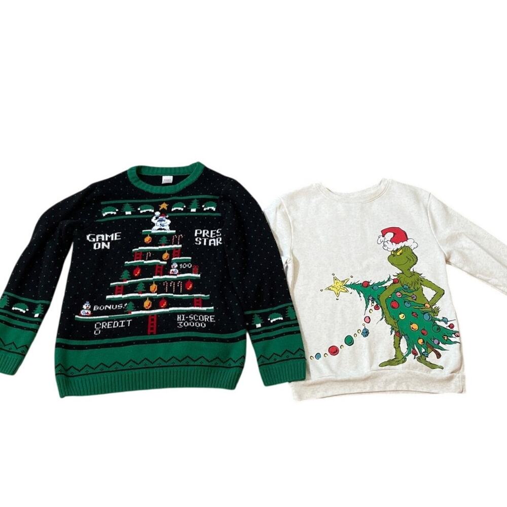 Lot of 2 Kids Christmas Sweater Sweatshirt Grinch Video Game Size XL Unisex